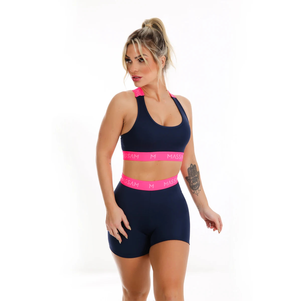 Conjunto Feminino Top Com Short Neon Marinho Rosa Massam Fitness