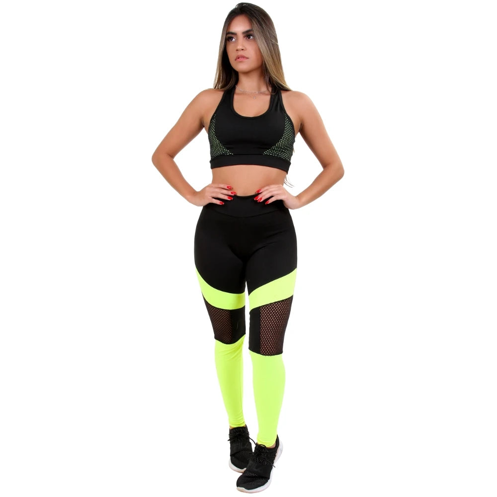 Conjunto Fitness com Recortes em Tela e Neon