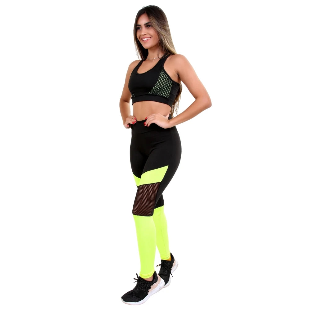 Conjunto Fitness com Recortes em Tela e Neon