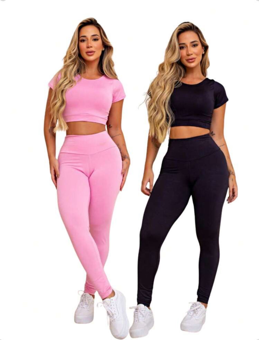 Compre 1 leve 2 Conjunto Feminino  Calça Legging Cintura Alta Top Manga CurtaSuplex M
