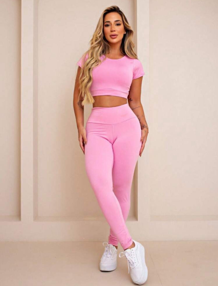 Compre 1 leve 2 Conjunto Feminino  Calça Legging Cintura Alta Top Manga CurtaSuplex M