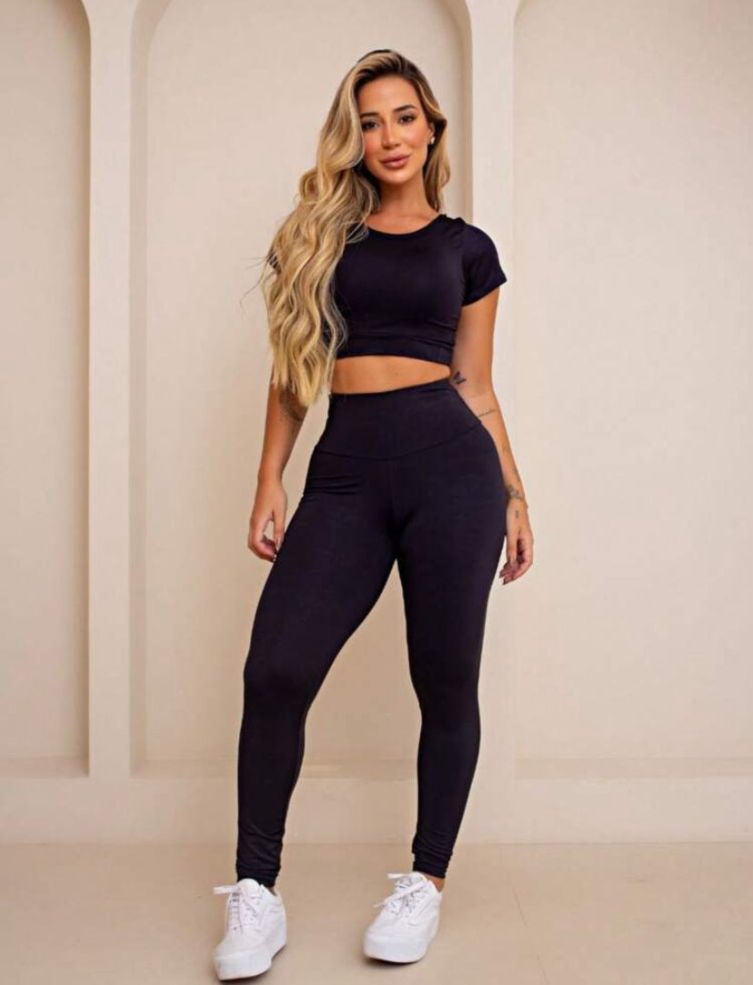 Compre 1 leve 2 Conjunto Feminino  Calça Legging Cintura Alta Top Manga CurtaSuplex M