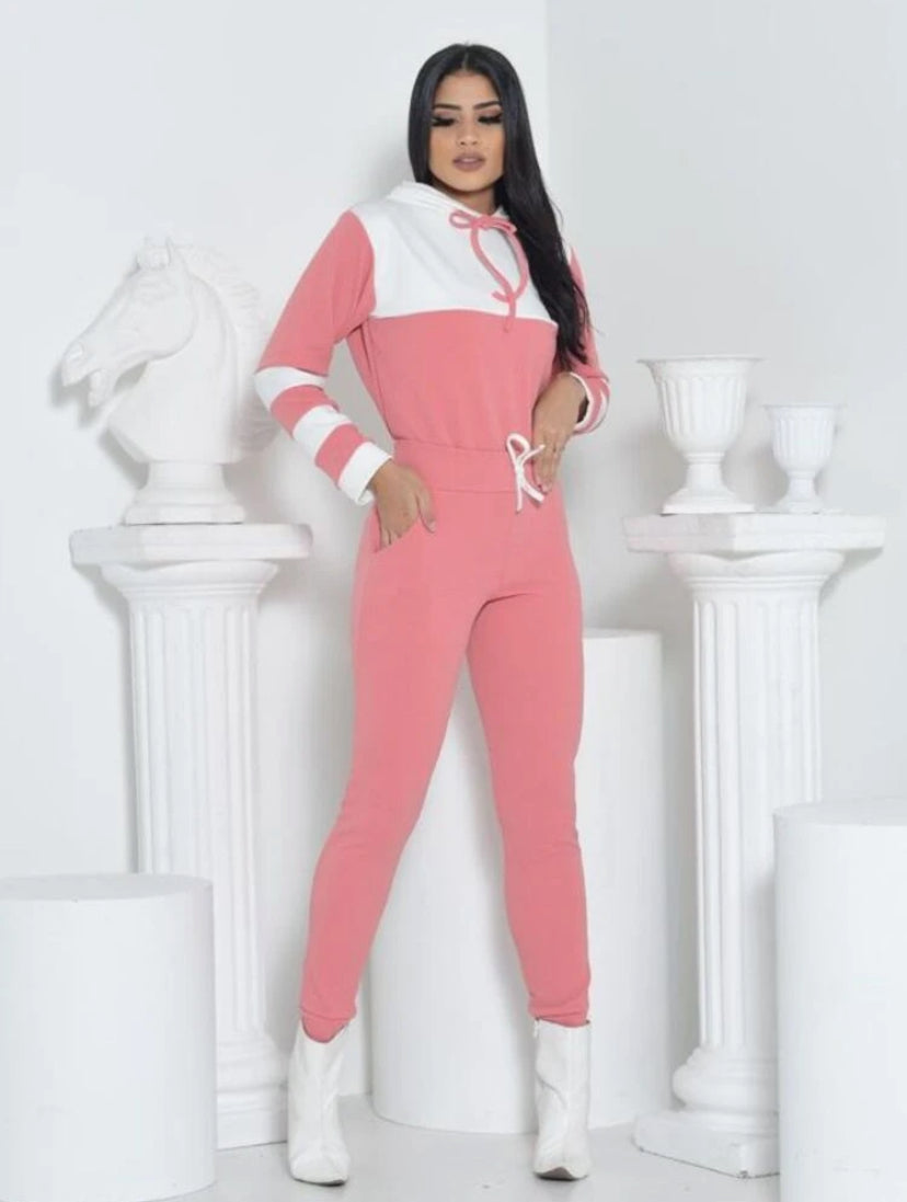 Conjunto Feminino Agasalho Com Capuz Moletom em Malha Crepe