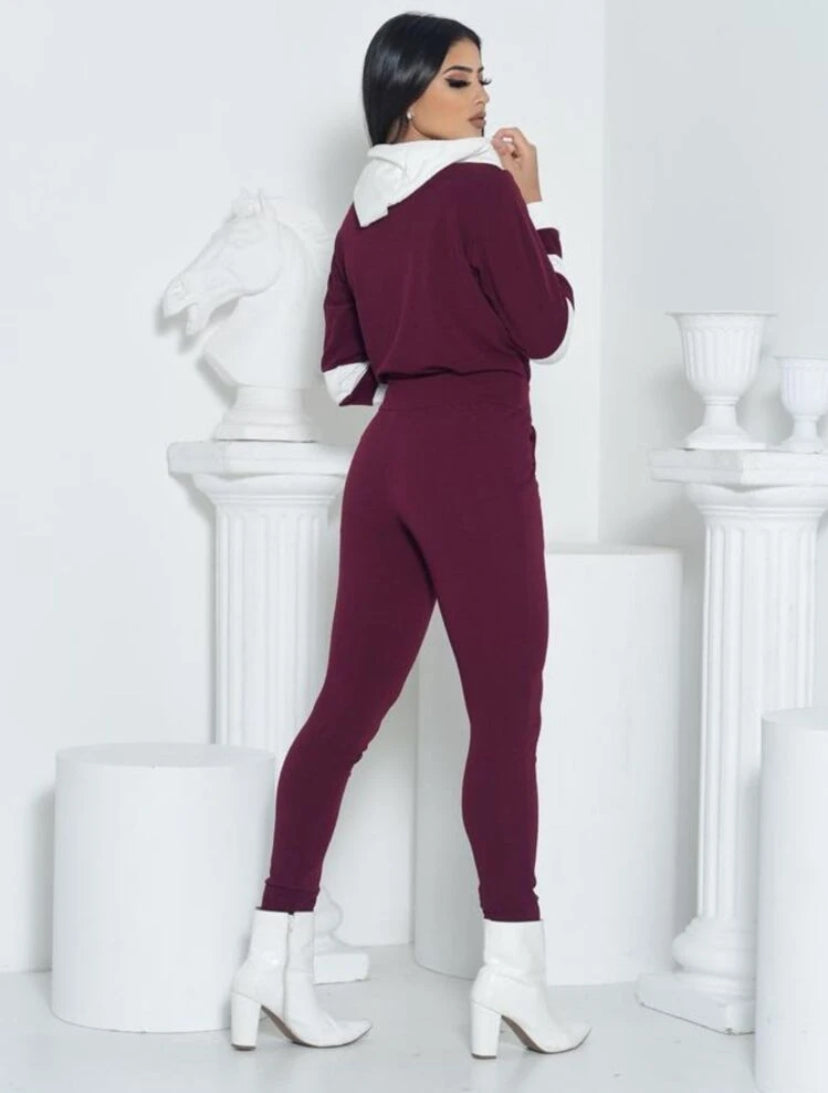 Conjunto Feminino Agasalho Com Capuz Moletom em Malha Crepe